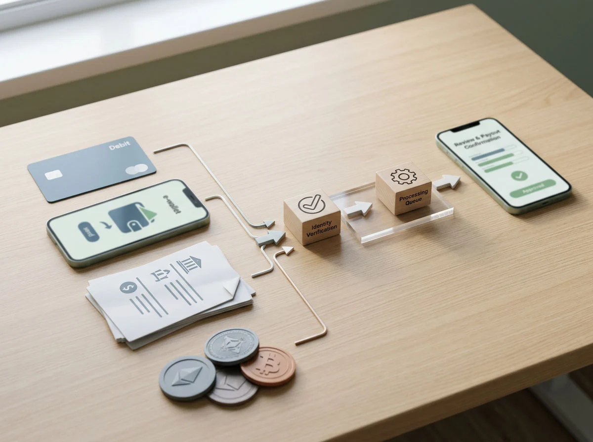 Generic payment rails connecting cards, an e-wallet, bank transfer and cryptocurrency to a staged cashout flow