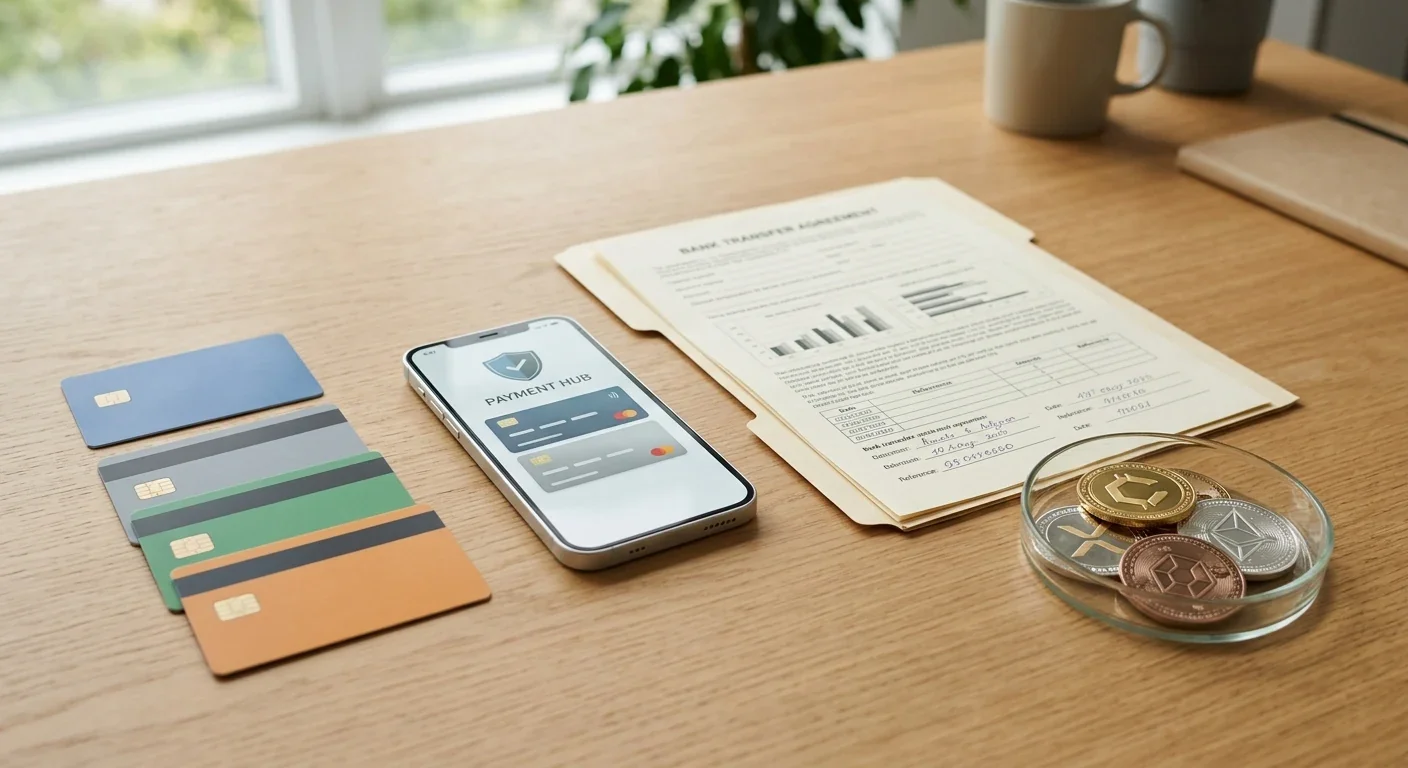 Generic payment cards, digital wallet symbols, bank transfer documents and cryptocurrency tokens arranged for comparison