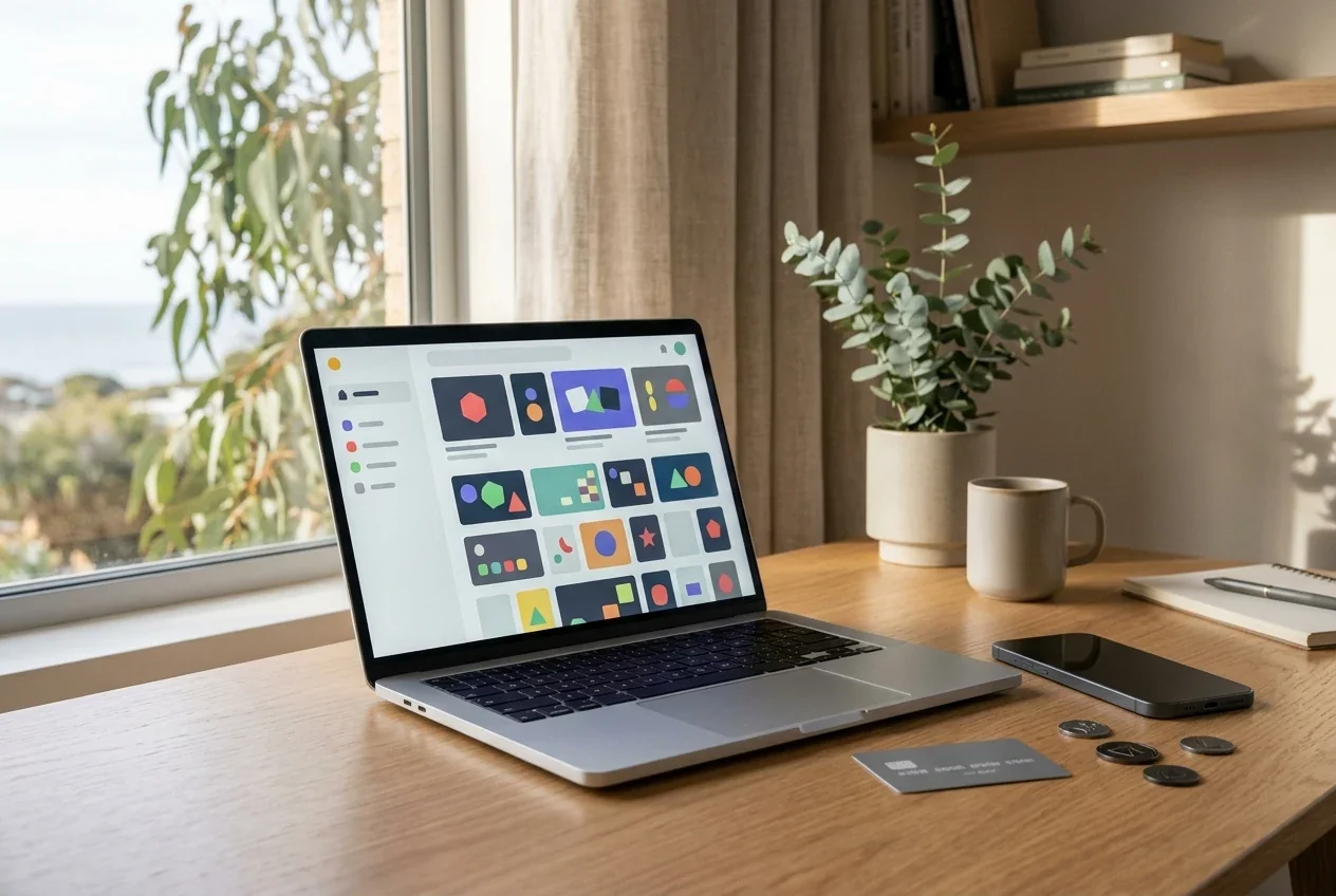 Laptop showing a generic casino catalogue beside payment cards and cryptocurrency cues in a bright home setting